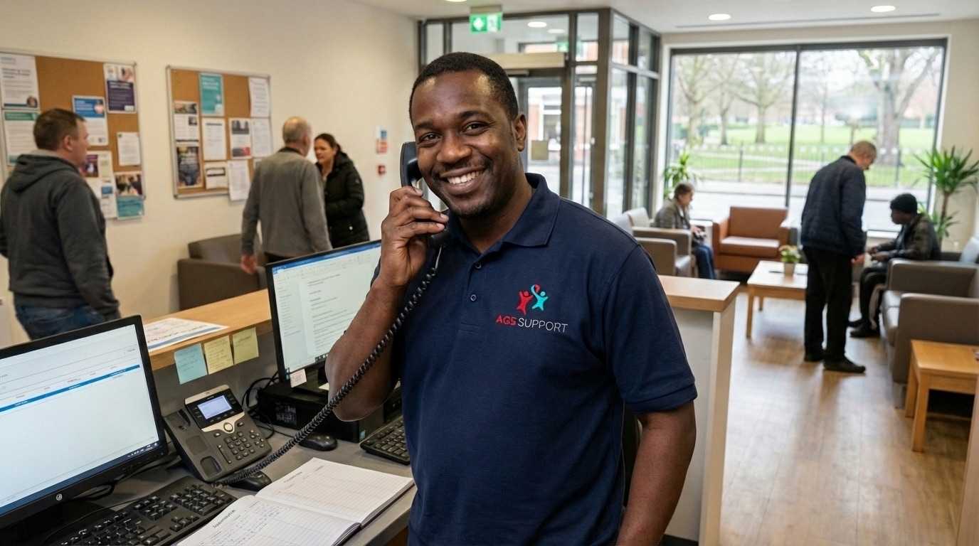 AGS Support team member smiling while taking a call at a supported housing reception